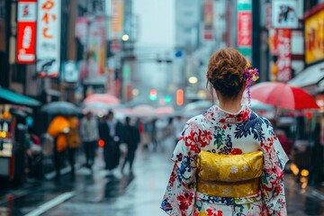 Woman in a Floral Kimono Walking Through a Rainy Japanese Street