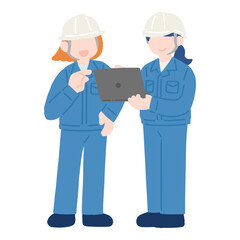 ノートパソコンを見ながら話すヘルメットをかぶった作業服の女性2人のフラットなイラスト
