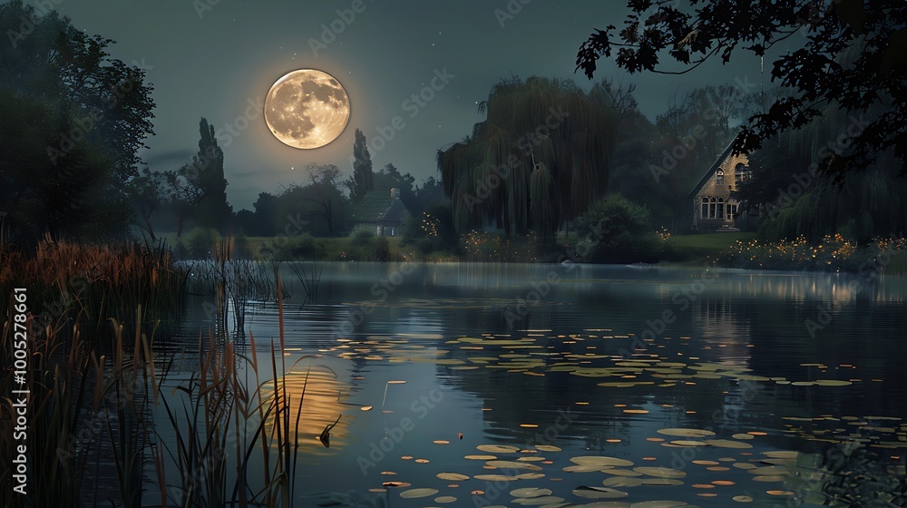 Poster serene moonlit scene of a lake reflecting the soft glow of the moon surrounded by trees and a lone h