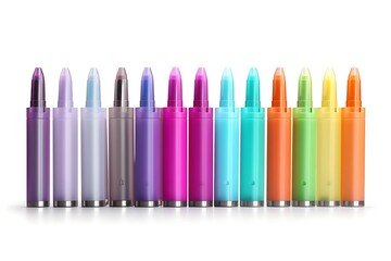 A colorful array of markers in various shades arranged in a row.