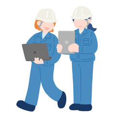 タブレットとノートパソコンを見ながら話すヘルメットをかぶった作業服の女性2人のフラットなイラスト
