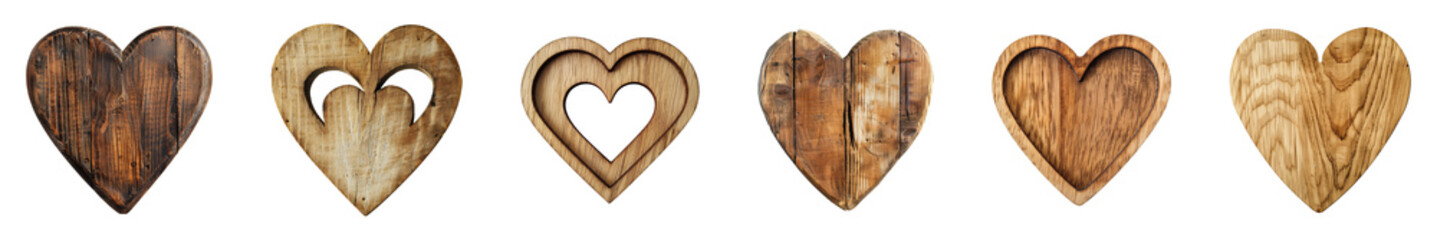heart shapes blank wooden sign board wood on a transparent or white background. Valentine's Day, wedding, love, cut out, PNG