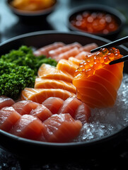 Salmon and Tuna Sashimi with Ikura on Ice