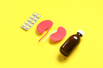 Paper human kidneys and medicines on yellow background