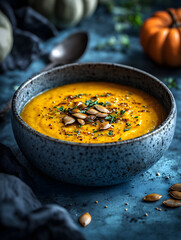 Creamy Pumpkin Soup with Roasted Seeds and Herbs