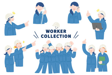 ヘルメット・作業服の女性[上半身]のフラットなイラスト(セット)
