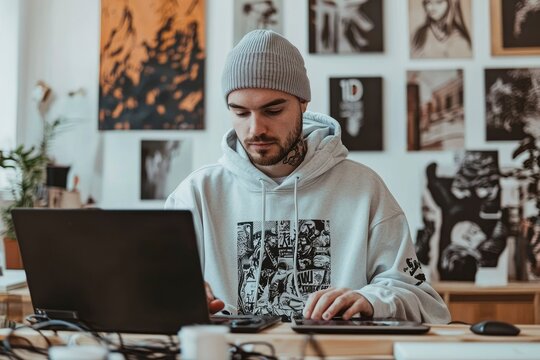Young Man Working on a Laptop in a Creative Workspace