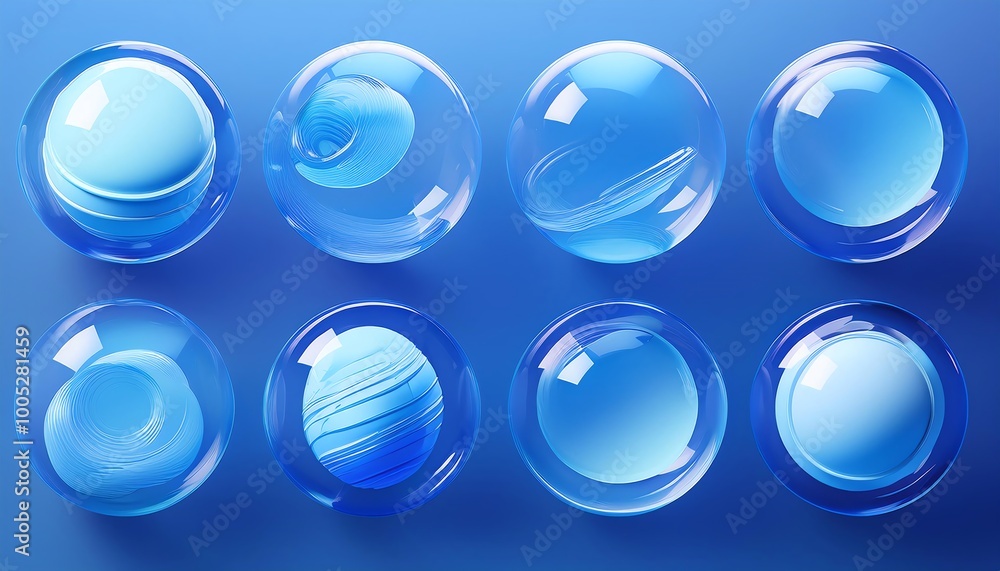 Poster a serene arrangement of blue bubbles set against a soft background, emphasizing transparency and lig