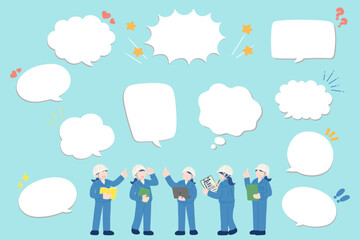 チェックをするヘルメット・作業服の女性と吹き出しのフラットなイラスト(セット)
