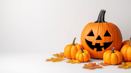 Halloween Background with Decorations with Pumpkins on White Background with Central Blank Space for Text or Graphics