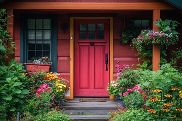 Charming red front door surrounded by vibrant flowers at a quaint cottage in the summertime Garden. Generative AI