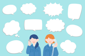 電話をする作業服の女性2人と吹き出しのフラットなイラスト(セット)