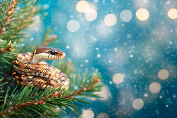 Fototapeta premium 2025. Christmas Snake on christmas tree, Snowy blue Background. Festive. New year symbol 