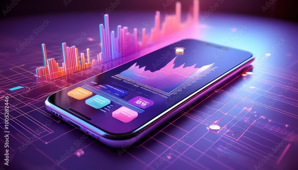 Poster a smartphone displays vibrant data visualizations, showcasing graphs and colorful metrics, set again