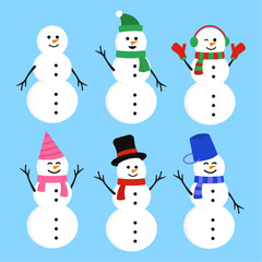 Collection of Big White Snowman with Winter on Blue Background