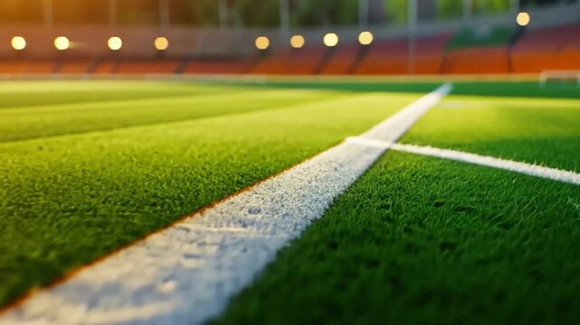 Close-up image of green artificial grass with a white line, the stands and lights of a stadium are out of focus in the background.