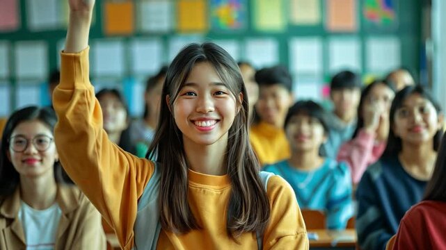 A student with long hair and a warm smile eagerly raises her hand in a classroom filled with engaged classmates. The atmosphere is lively and interactive.