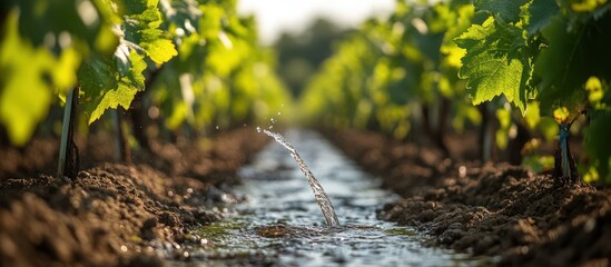 Water flows through a furrow in a vineyard with green grapevines on either side.