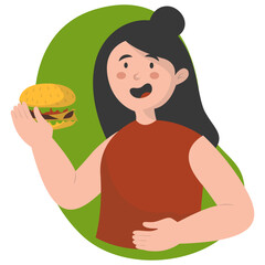 Person Eating Hamburger Illustration with Cute Cartoon Design and Shape. Isolated Vector Character