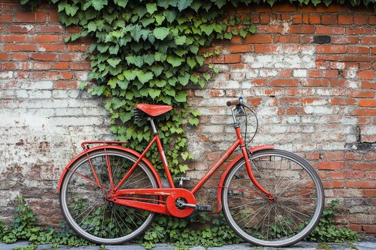 Vintage red bicycle leaning against a brick wall covered with ivy in an urban setting during daylight hours. Generative AI