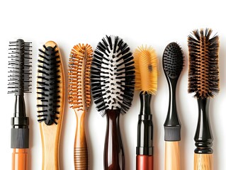 A collection of various hairbrushes arranged in a row for styling and grooming purposes.