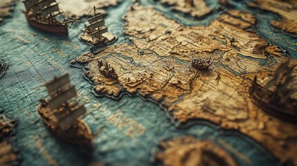 Miniature ships sailing on an antique world map.