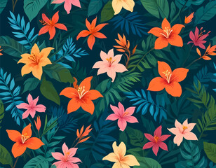 Fototapeta premium Tropical Floral Arrangement with Orange, Pink, and Yellow Blooms
