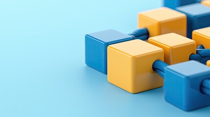 Naklejka premium Colorful 3D cubes in blue and yellow arranged in a playful pattern on a light blue background.