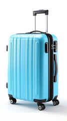 A blue hard-shell suitcase designed for travel, featuring wheels and a retractable handle.