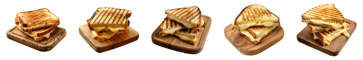 toast melted cheese sandwich on wooden board isolated on a transparent or white background, cut-out, PNG