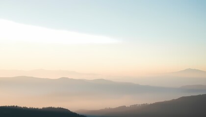 Fototapeta premium Misty Watercolor Mountains at Dawn Soft Pastel Sky and Mountain Layers