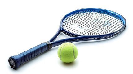 A tennis racket and a bright yellow tennis ball on a white background.