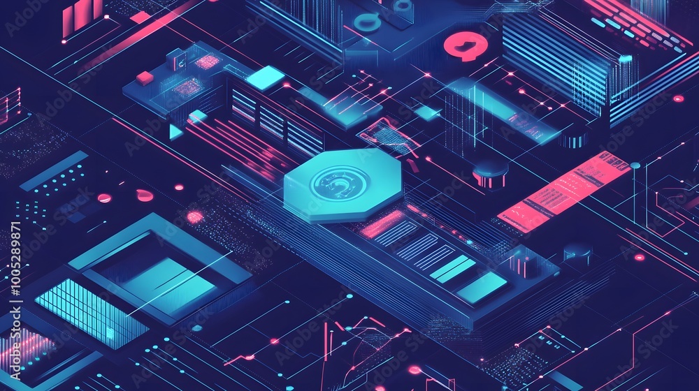 Poster vector graphics of a complex data chart in an isometric perspective, using a harmonious color palett