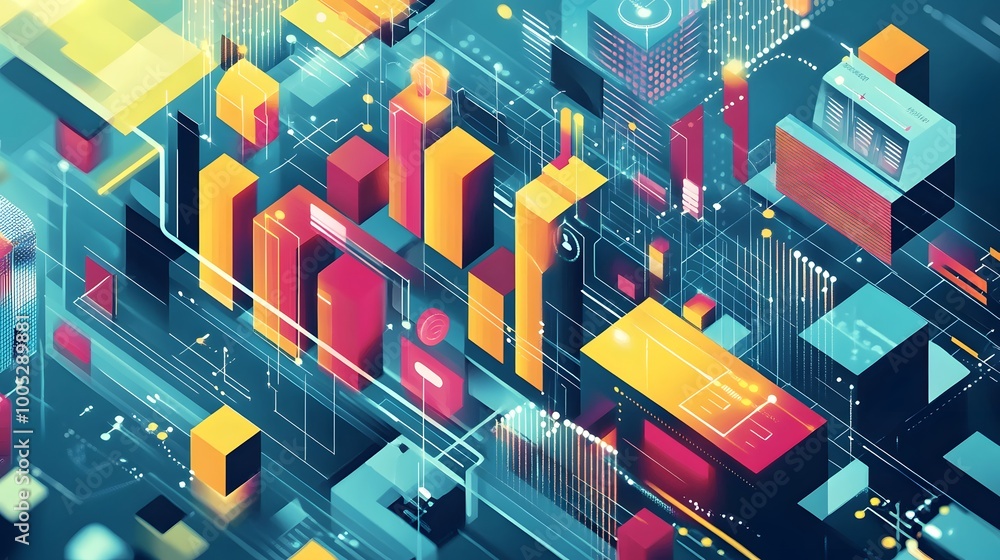 Poster vector graphics of a complex data chart in an isometric perspective, using a harmonious color palett