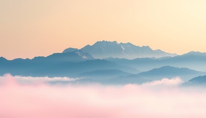 Peaceful Pastel Mountain Range with Soft Gradient Sky Watercolor Misty Landscape