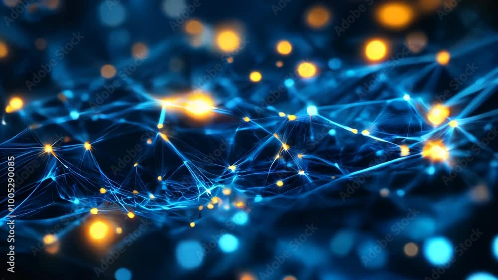 Poster a mesmerizing display showcases a dynamic network of glowing blue and gold nodes interconnected by f