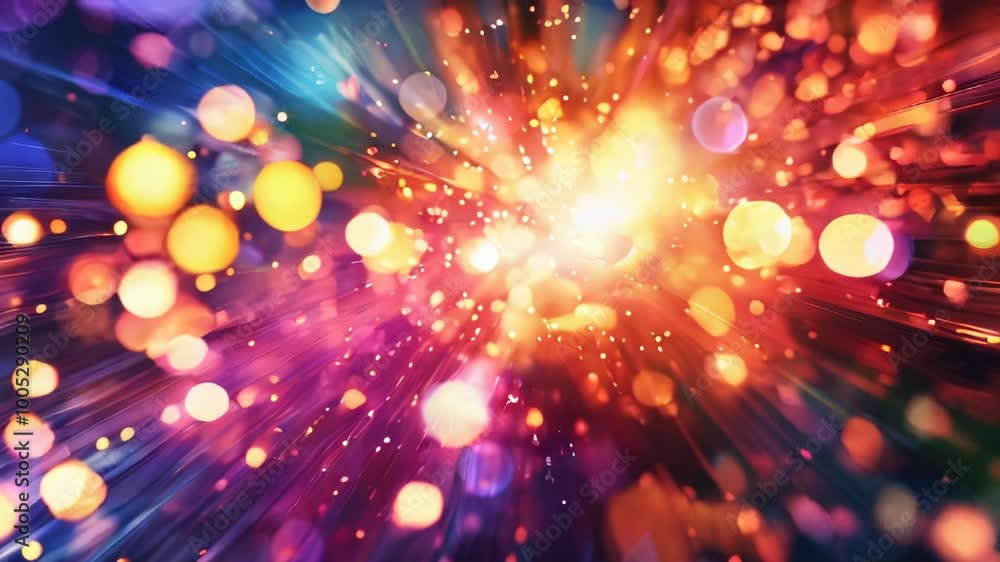 Poster abstract burst of vibrant bokeh lights in various colors, creating a dynamic and energetic visual ef