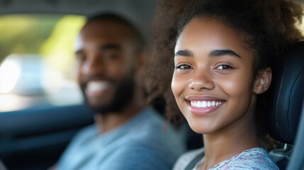 A young afro girl sitting in the driver's seat of a car, with her driving instructor sitting in the passenger seat in the background