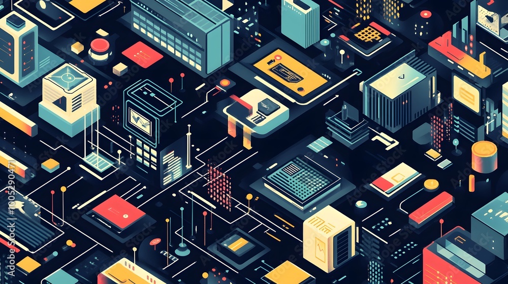 Poster isometric vector illustration of a tech ecosystem, with detailed iconography and a consistent color 