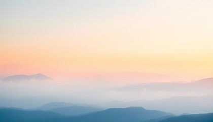 Dreamy Pastel Mountain Landscape in Watercolor with Misty Horizon and Gradient Sky in Peach