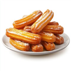 Churros arranged on a plate, isolated on a white background, dusted with sugar for an enticing and mouth-watering look.