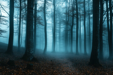Fototapeta premium Enchanted Forest in Soft Fog at Dusk