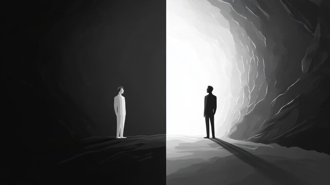 Contrast between light and darkness, two human figures standing on opposite sides, encounter between opposites, balance and tension between opposing forces light versus dark, good versus evil