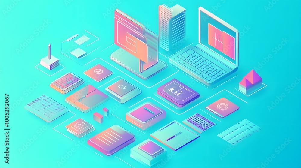 Poster illustration of a grid system in an isometric projection, demonstrating how visual elements are orga