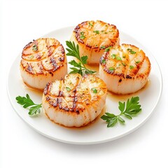 Grilled scallops isolated on a white background, showcasing their golden sear and delicate texture.