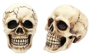 Obraz premium human skull bone with teeth jaw, front and side view, isolated on transparent PNG background