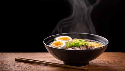 Bowl of ramen on Top of The Wooden Table, Black Color Bowl with Boiled Egg, Beef Meat, and Slice of Leek