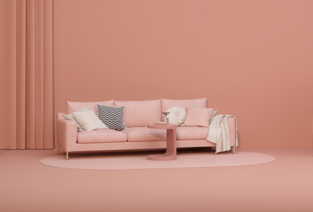 Creative interior design in peach fuzz studio with lamp and armchair. Pastel coral color background. 3D rendering for web page. Creative composition. Sale concept	
