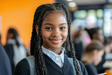 Obraz premium Portrait of a smiling young black girl with braided hair.