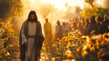 A man in a robe walks through a field of flowers, followed by a crowd of people. The sun shines brightly behind them.
